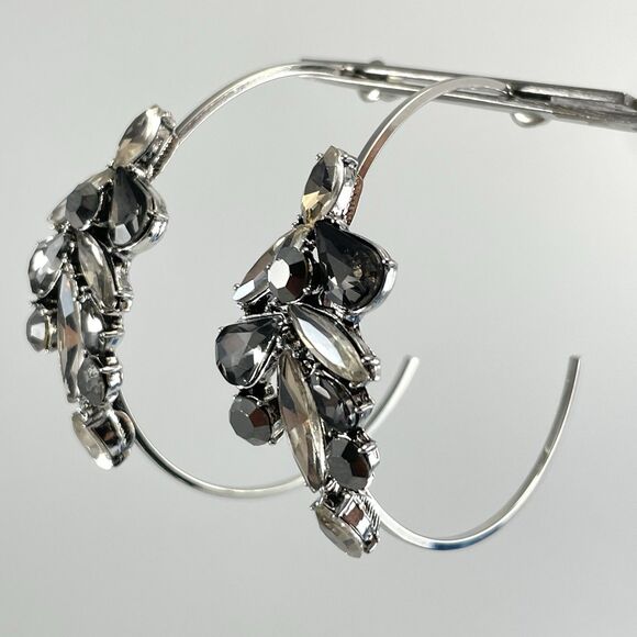 Silver Tone Black White Glass Rhinestone Marquise Cut Hoop Earrings Bling Boho - Picture 1 of 6